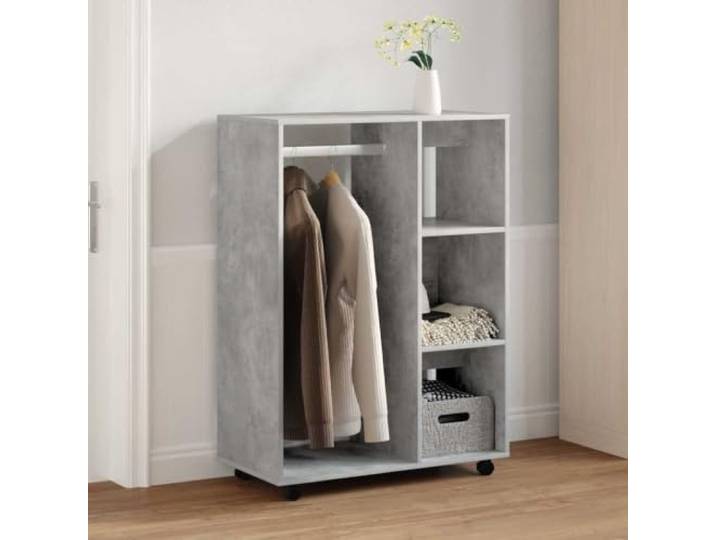 Kleiderschrank Betongrau 80x40x110 cm Holzwerkstoff Rollen für einfaches Verschieben,offenes Fach,3 seitliche Ablagen,feucht abwischbar