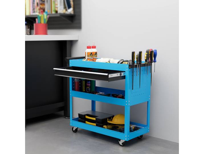 DURHAND Chariot Atelier 3 Niveaux avec Tiroir et Porte-Outils Bleu
