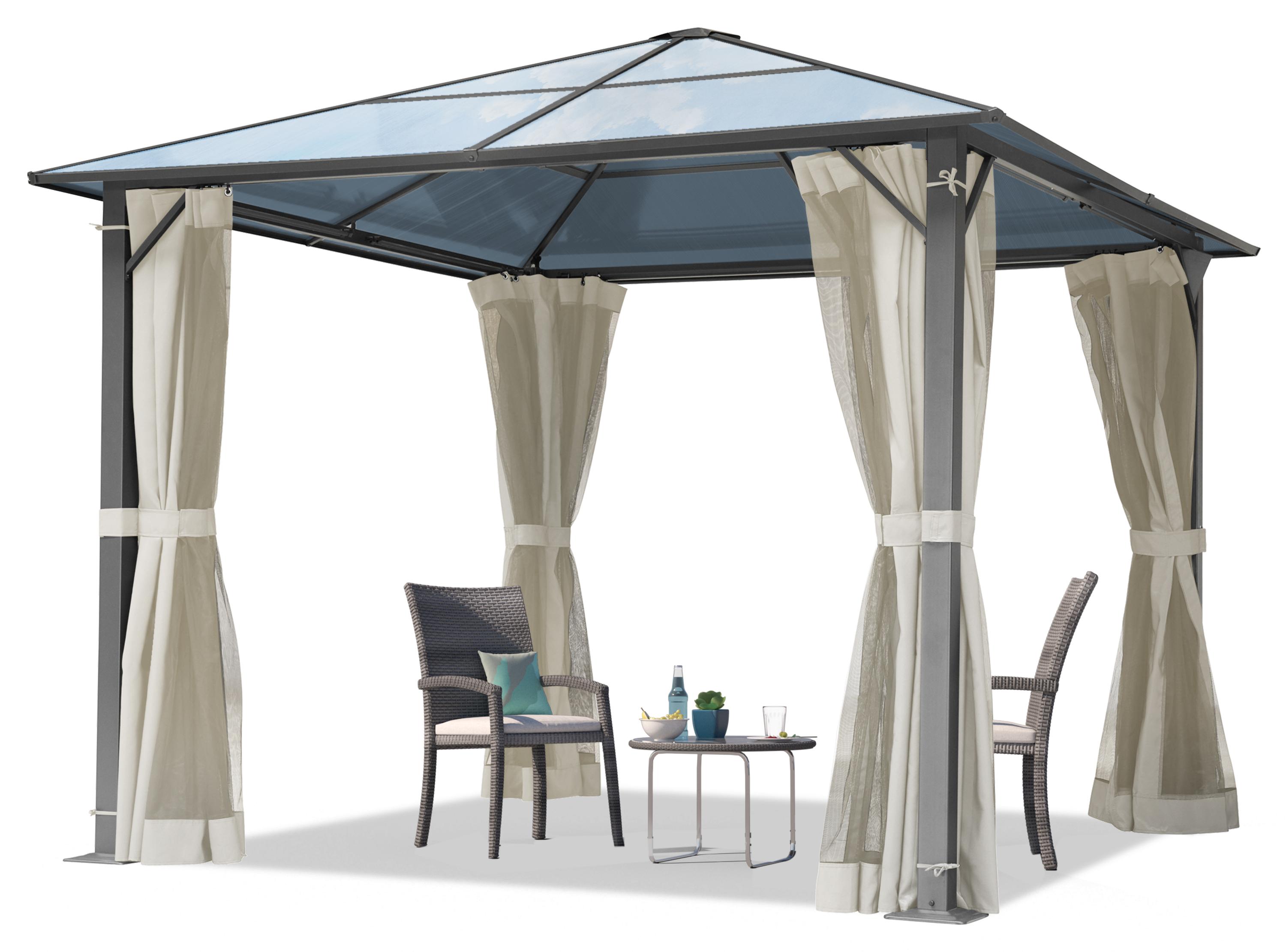 Gartenpavillon 3x3 m ca 6 mm Polycarbonat-Dach mit Moskitonetzen und Seitenteilen in crème