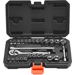 VEVOR Steckschlüsselsatz 27-tlg. 6,4 mm Antriebssteckschlüsselsatz Ratschensatz, SAE und metrisch, mit Ratschenschlüssel Verlängerungsstange Aufbewahrungskoffer, CR-V-Legierungsstahl