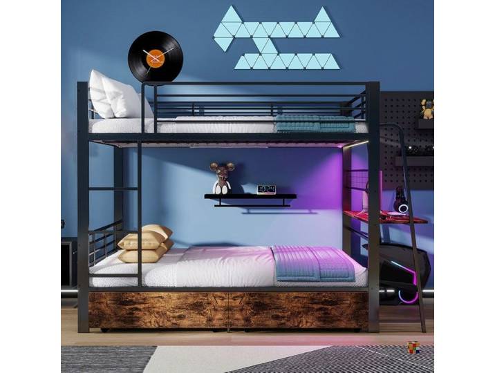 Ulsam Lit Superposé 4 Places 2x140x200cm avec Bureau LED Multicolore 2 Tiroirs de Rangement Métal et MDF Noir