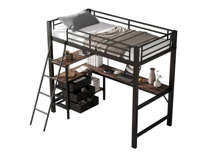 Lit superposé pour enfants et adolescents avec bureau 2m escalier incliné 3 tiroirs structure métal noir 90x200cm