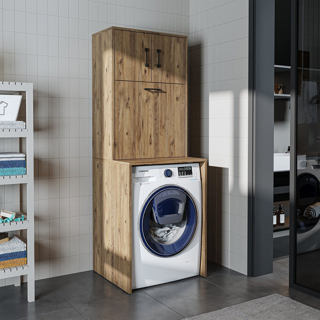 Roomart Luna Washing Machine Cabinet with Built In Laundry Basket and Storage Cupboards, Oak 181cm H X 65cm W X 65cm D