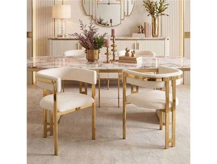 Lot 4 chaises beige & or pieds dorés chenille moelleux design chic – restaurant / salon / café