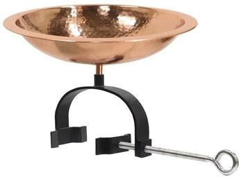"Achla Designs 15""L Round Polished Copper Plated Brass Hammered Birdbath w/ Rim and Wrought Iron Over Rail Bracket"