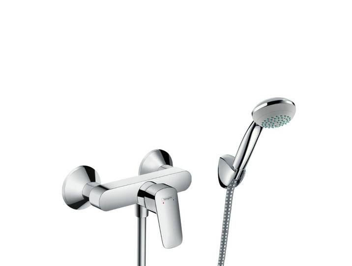 Set de douche Mitigeur Logis + Douchette à main 1 jet + Flexible + Support mural, Chrome (71600000-PORTER)