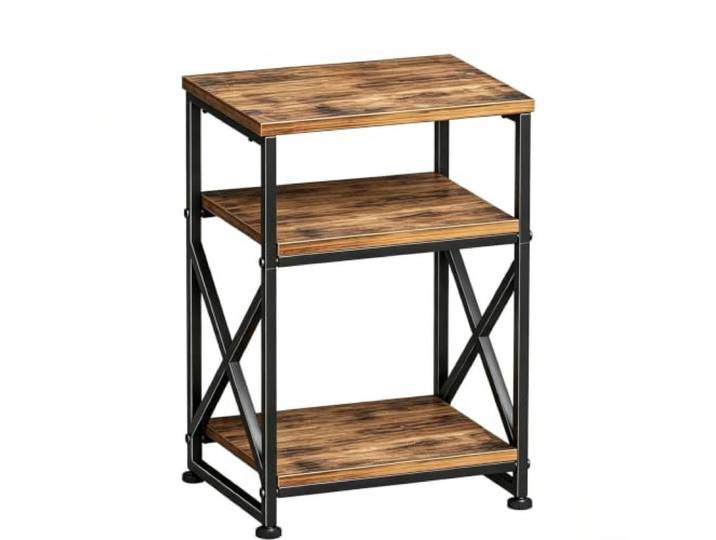 Beistelltisch, 3-Ebenen Offenes Regal, Nachttisch, Rustikales Braun Tisch für Sofa, Robuste Rollen mit Feststellfunktion, Ablagetisch, Homeoffice