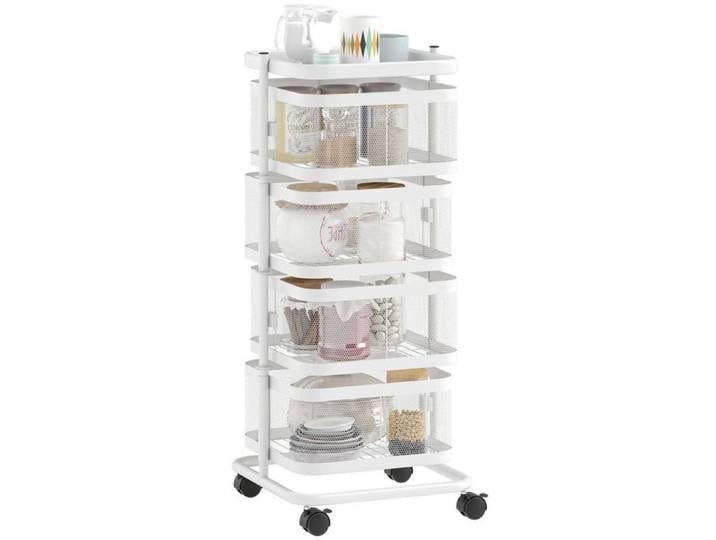 Resserre à Roulettes 4 Paniers Rotatifs Desserte Cuisine Rangement Fruits Légumes en Fil d'Acier 33x33x77cm Blanc