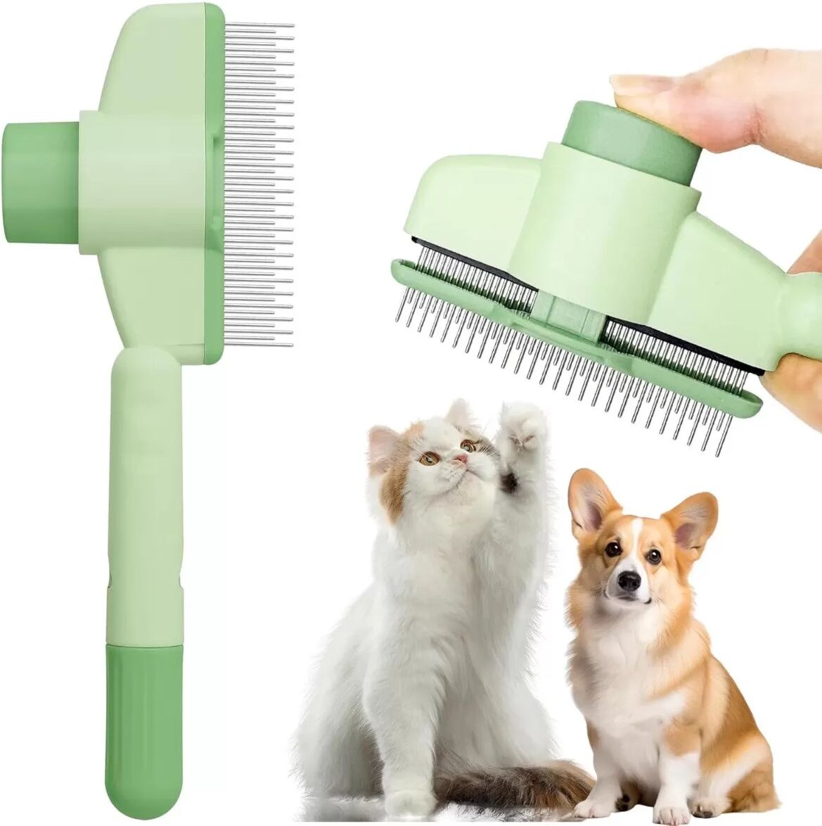 INF Selbstreinigende Entfilzungsbürste für Katzen mit Freigabetaste – ABS und Edelstahl Rundstifte, entfernt lose Haare und Filz Grün