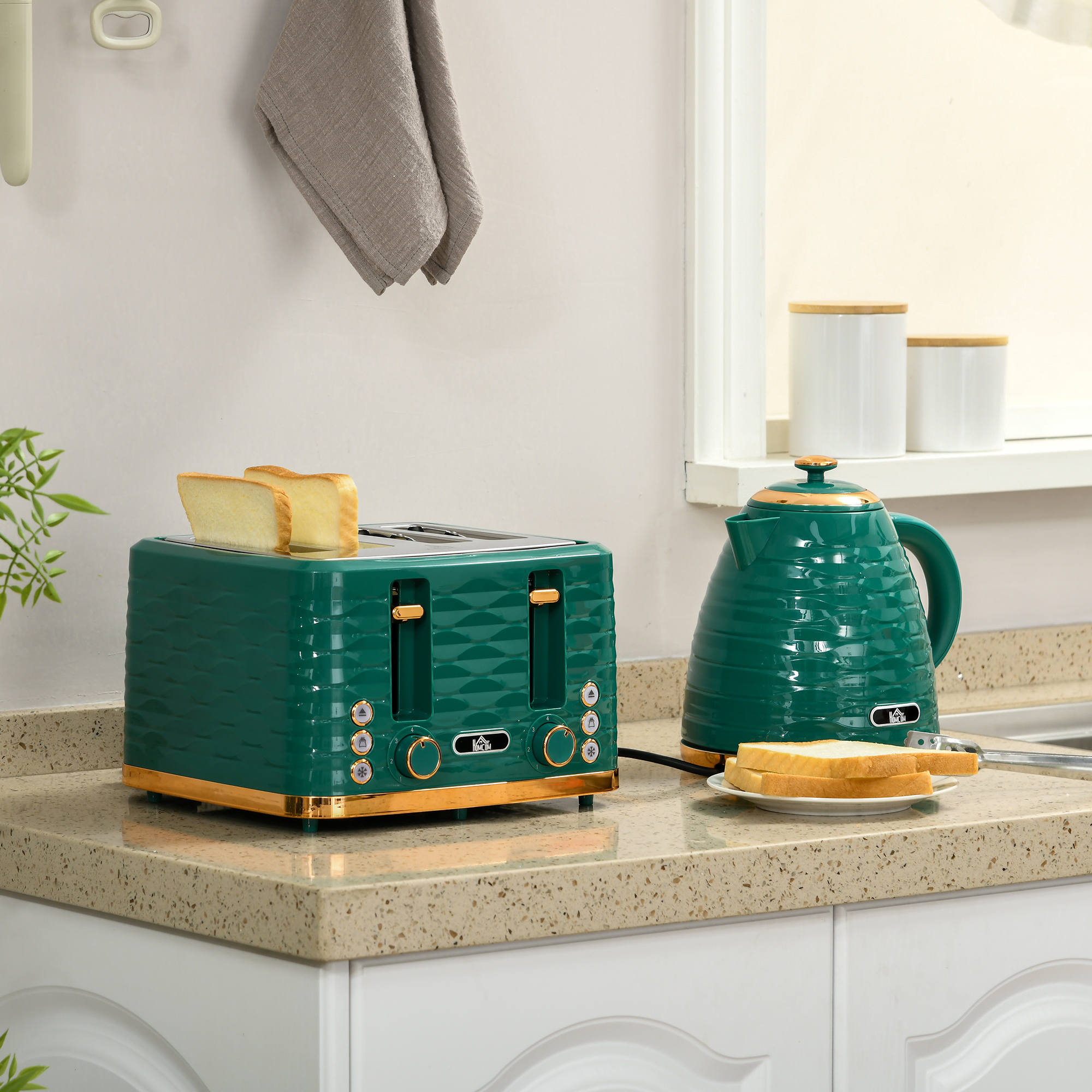 Homcom Set 2 in 1 tostapane e bollitore con 7 livelli, scongelamento e riscaldamento, Verde   Aosom Italy