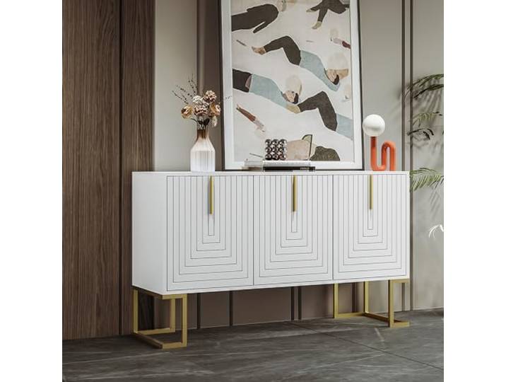 Merax Modernes 3-türiges Sideboard mit verstellbaren Regalen, U-förmigen Schranktüren und Metallgriffen und Sockel für Esszimmer und Küche (Weiß)