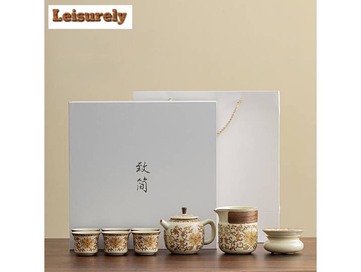 Service à thé de bénédiction de fleurs dorées Ru Kiln, ensemble d'invitation, ensemble de cérémonie du thé esthétique, théière et tasse à thé, ornements de service à thé chinois