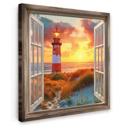 LEINWANDBILD Aussicht - Fenster - Leuchtturm - Sonnenuntergang - Strand Deko Groß 90x90 cm