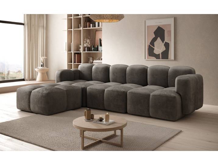 Designer Ecksofa Celly in Samt - Grau - Loser Hocker zum selber hinstellen - Samt - Luxusbetten24