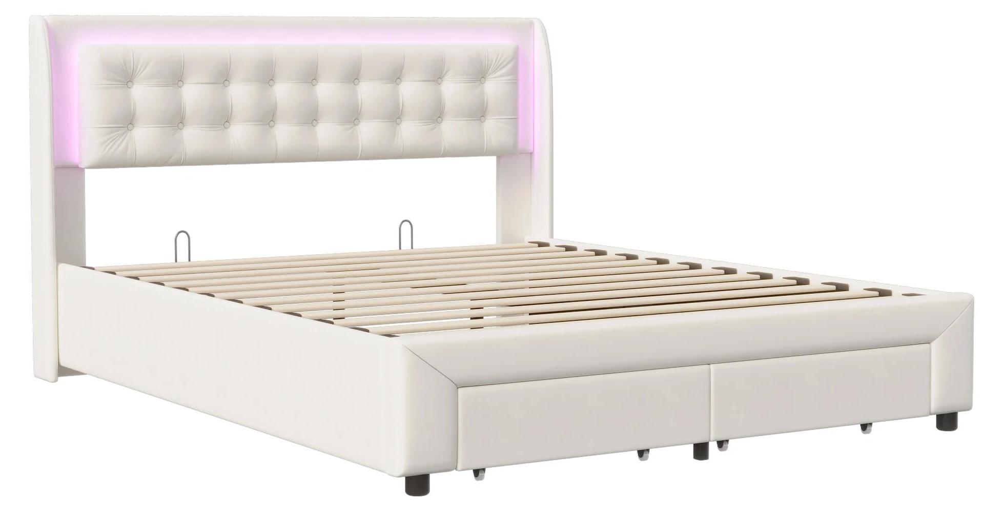 Stauraumbett 180 x 200 cm - Polster-Doppelbett mit Lattenrost - Hydraulischer Bettkasten - 2 Schubladen - Samtkopfteil - Ohne Matratze - Beige
