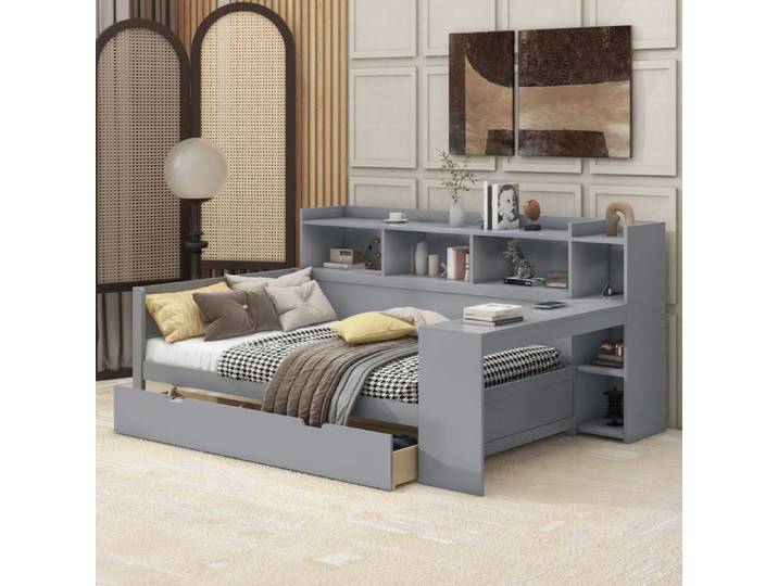 Lit banquette - SOGEU - Lit banquette 90x200 cm - Sommier à lattes - Tiroirs & rangement - Port USB et prise