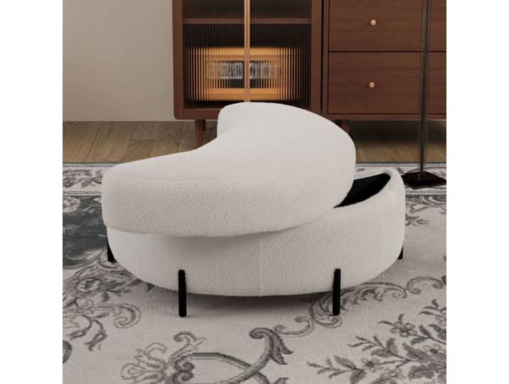 Pouf coffre demi-lune sherpa avec plateau ivoire