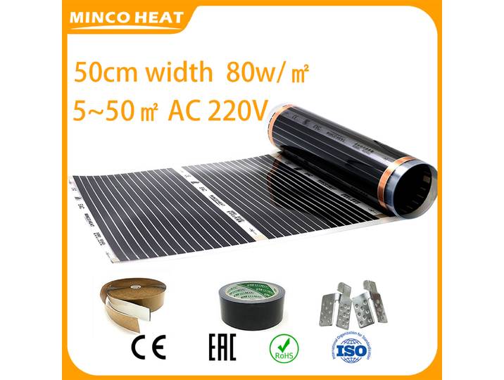 Film chauffant au sol infrarouge Minco Heat 80w/ ㎡ 5~50 ㎡ Largeur 50cm Max 35 ° C Économie d'énergie avec pinces et pâtes isolantes