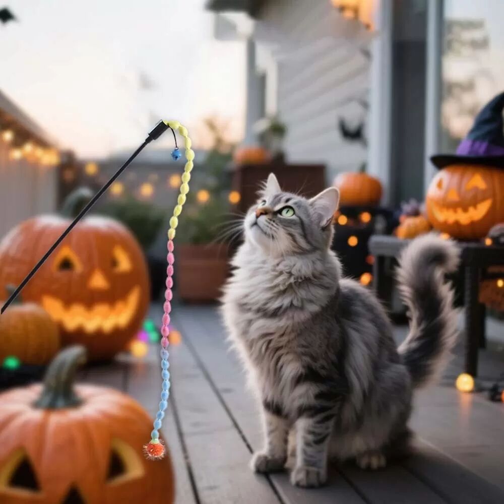 INF Halloween Farbiger Katzenangel mit Plüschball - Interaktives Katzenspielzeug