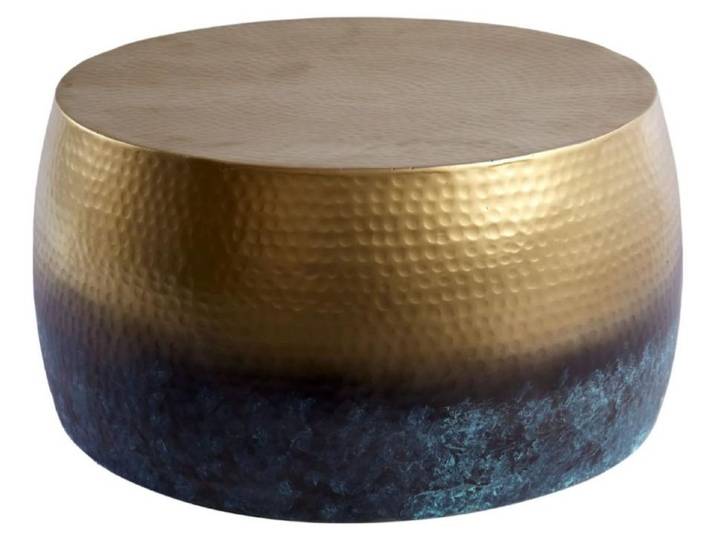 Table basse TRIANE 60 cm en aluminium doré et bleu – Table basse ronde design effet martelé