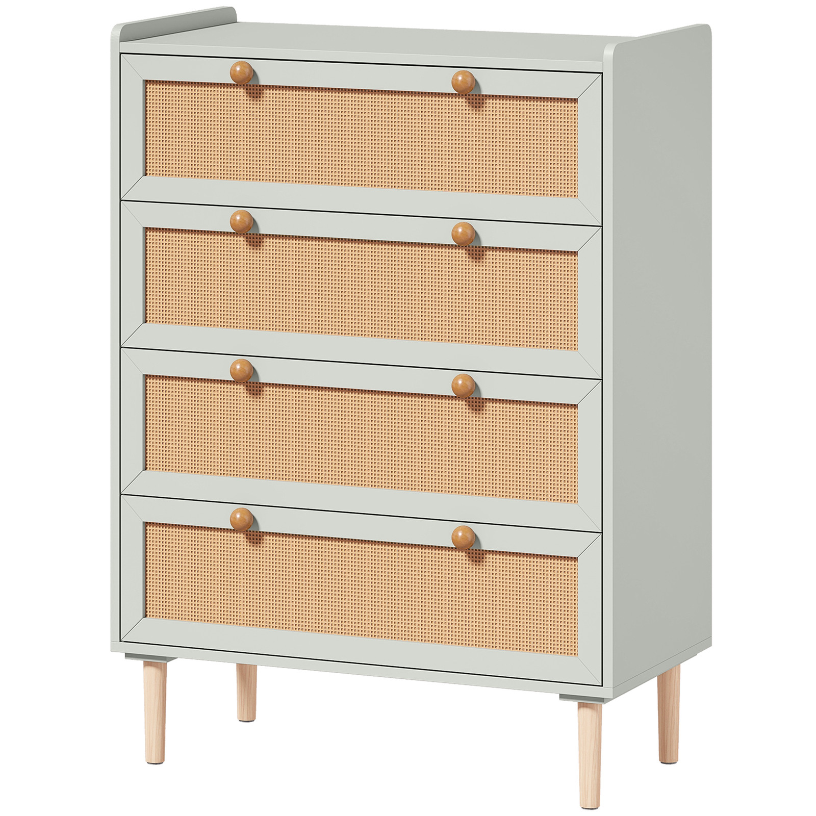 HOMCOM Boho ladekast met 4 lades en rattanlook fronten, saliegroen