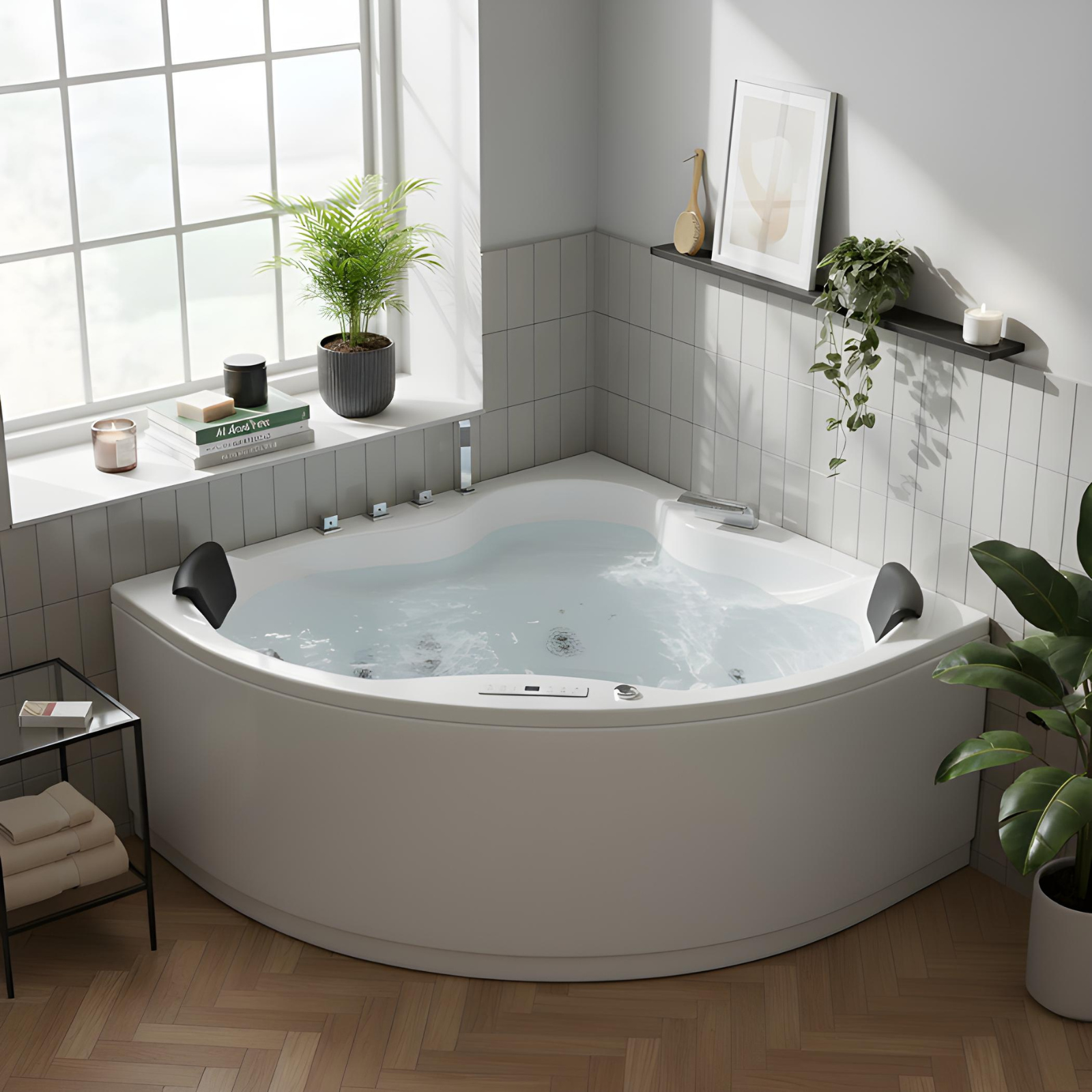 Indoor Whirlpool Eckbadewanne 149x149 cm, 13 Massagedüsen LED, Einbau, 2 Personen, tief, Acryl, Caribia VANATY Basic, Made in Germany