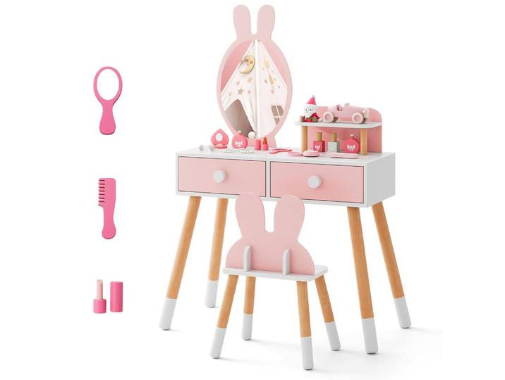 2 in 1 Kinder Make-uptafel & Stoel-set met Spiegel & 2 Laden & Opbergrek Roze