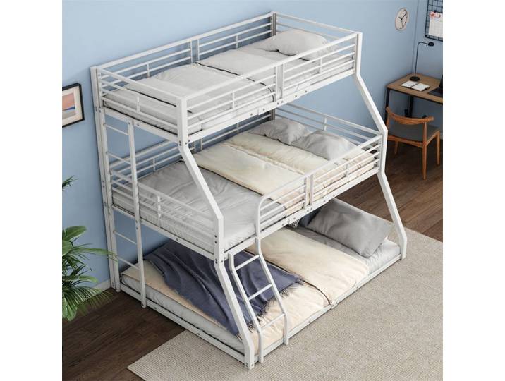 Lit Superposé 3 Places Lit Superposé Enfant 90x200 pour Triple Adolescents Adultes Cadre de Lit en Métal Blanc 120x200 140x200