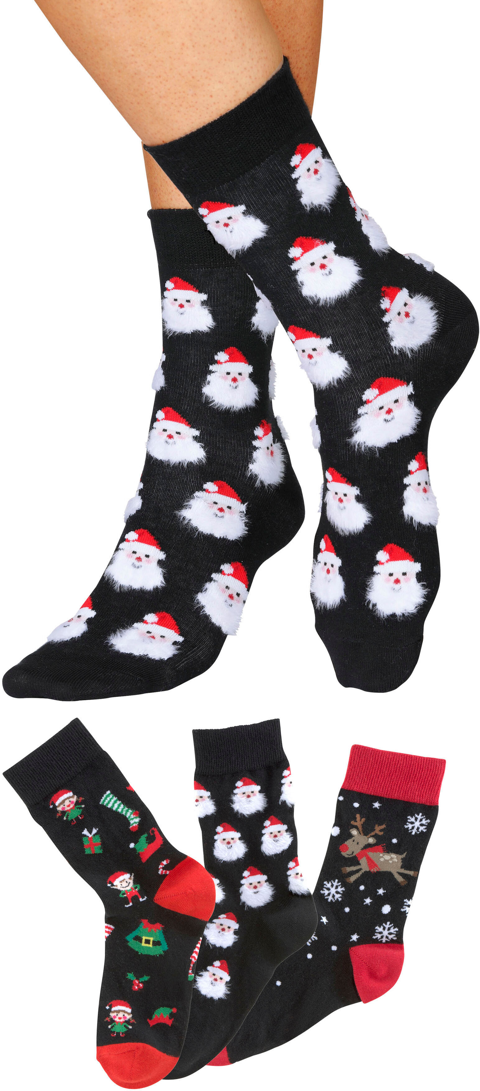 Socken H.I.S "Weihnachten lustige Socken für Damen, Atmungsaktiv", Damen, Gr. 35-38, rot (3x schwarz, rot, gemustert), Baumwolle, Elasthan, Polyamid, Polyester, gemustert, lustiges Design, elastisch, Socken Socken, mit lustigen Weihnachtsmotiven 3x schwar