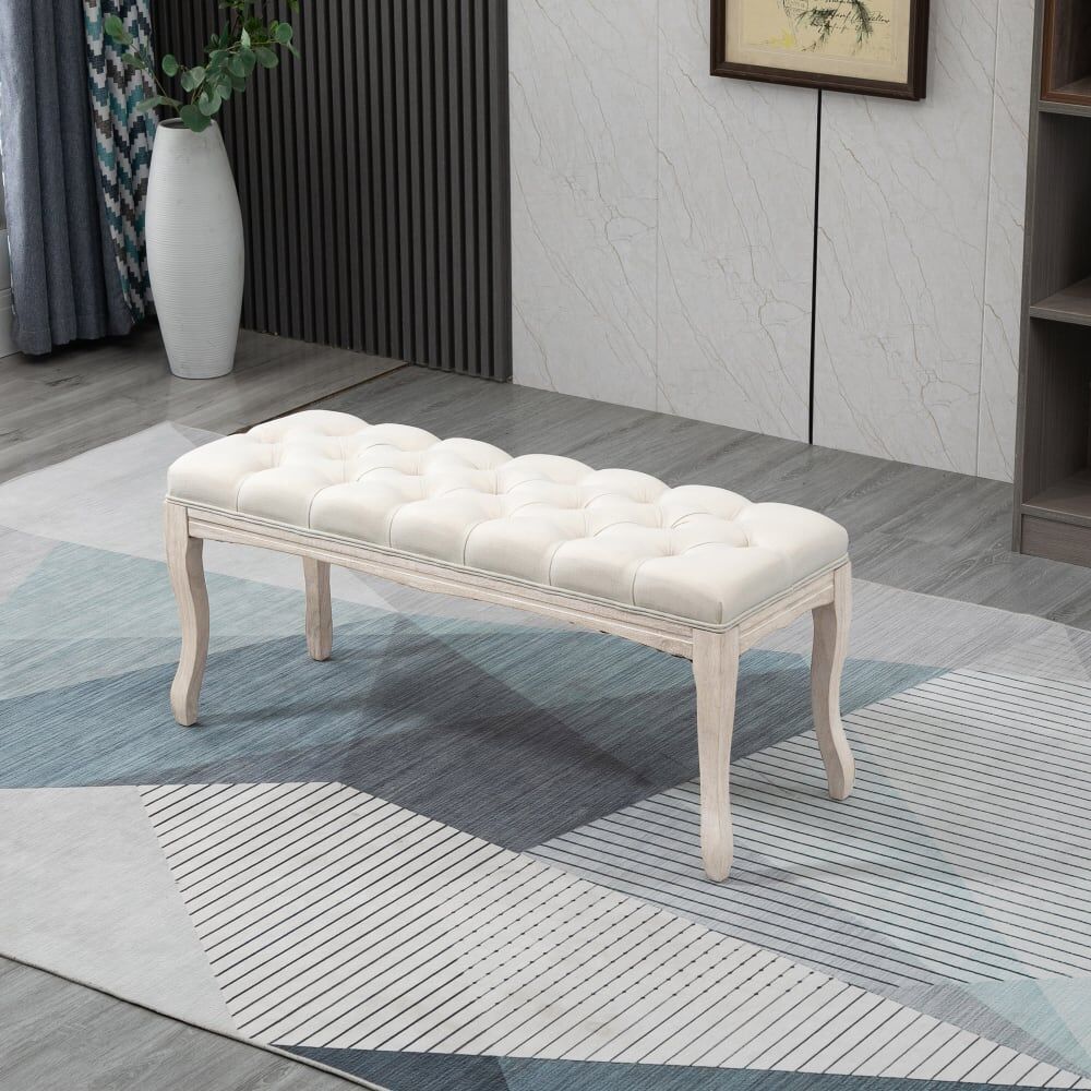 Homcom Banc banquette capitonnée style classique chic pieds bois lin beige Beige 110x49x38cm