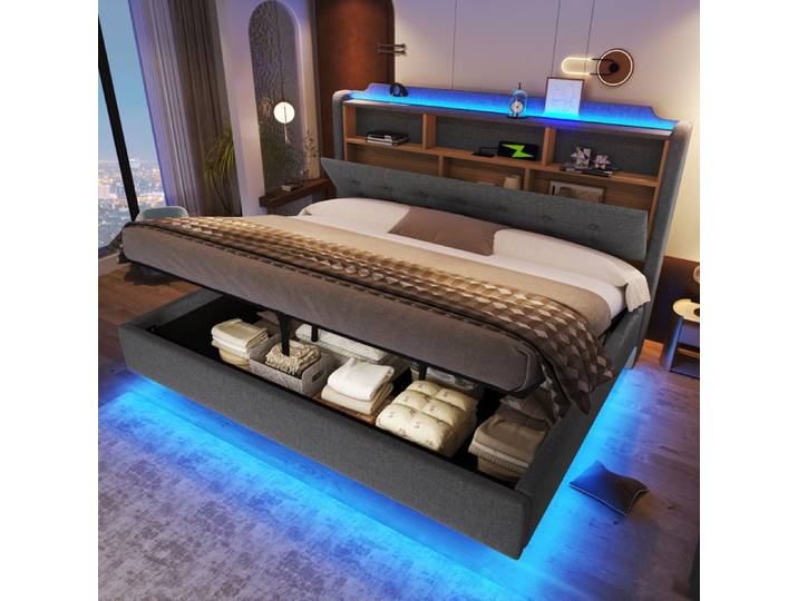 Lit rembourré 180x200 cm avec rangement - Design flottant - Rangement hydraulique - Bande LED multicolore