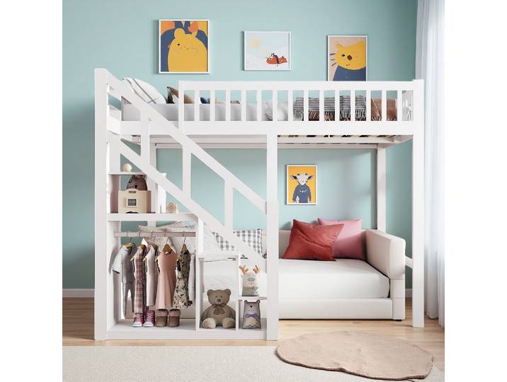 Lit superposé pour enfants Rosahqnda 90x200cm, lit superposé avec escalier et armoire de rangement, lit multifonctionnel, lit de jeu, sans matelas, blanc
