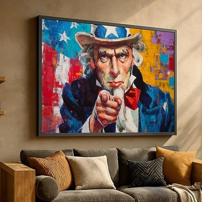 Patriotische Onkel Sam Leinwandwandkunst Farbige amerikanische Flaggenmalerei Zeigefinger-Dekor Moderne Americana Leinwand
