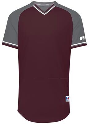 Russell Athletic R01X3B Youth Classic V-Neck Jersey T-Shirt in Maroon/Steel/White size Large   Polyester