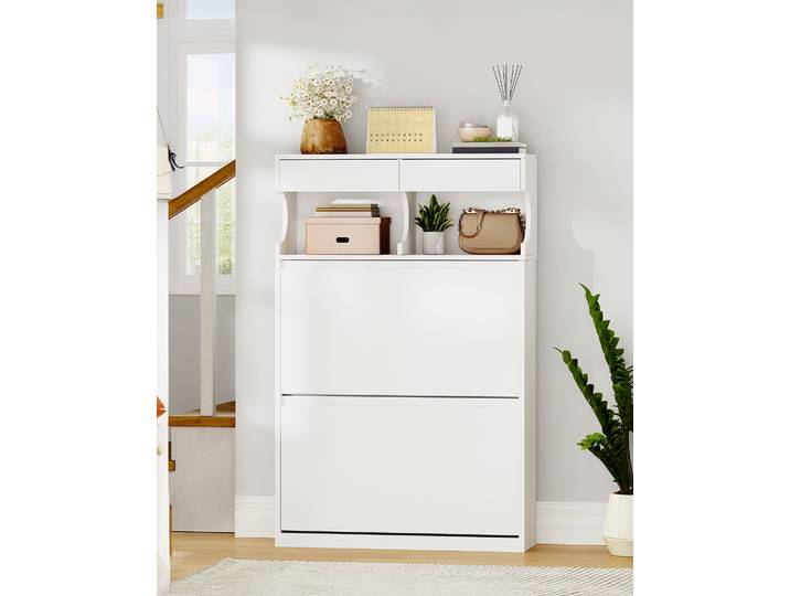 Armoire à chaussures avec 2 rabats, étagère à chaussures, armoire à chaussures étroite, 4 compartiments, réglable, 16 paires, rangement de chaussures pour entrée