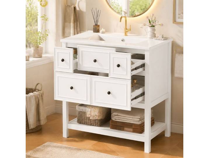 Meuble sous Lavabo Meuble Salle de Bain avec Lavabo 5 Tiroirs Silencieux Lavabo en Céramique Intégré 76x46.5x82cm