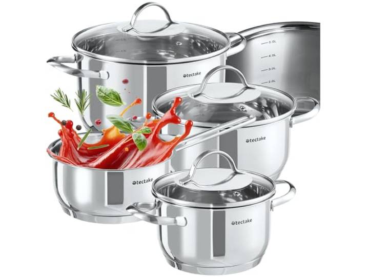 tectake® Batterie de Casseroles\, 7 Pcs\, Acier inoxydable\, Adapté Induction 4 Casseroles dont 1 à manche\, 3 Couvercles en verre\, Poignées résistantes à la chaleur\, Compatibles lave-vaisselle\, Tous Feux