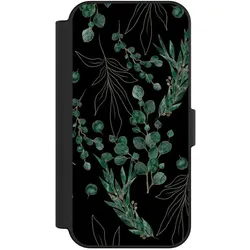 Nivocase Klapphülle für Apple iPhone 16 Handyhülle aus Kunst Leder NIVOflip schwarz Blätter Natur (Apple iPhone 16), Smartphone Hülle, Schwarz