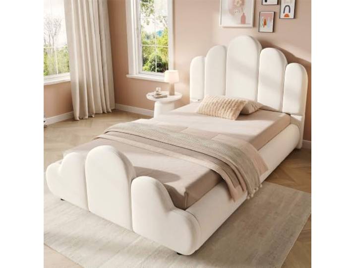 BXEYXE Polsterbett, Einzelbett, Kinderbett 90 x 200cm, Bett mit gepolstertes Kopfteil, abgerundete Ecken, samt, beige