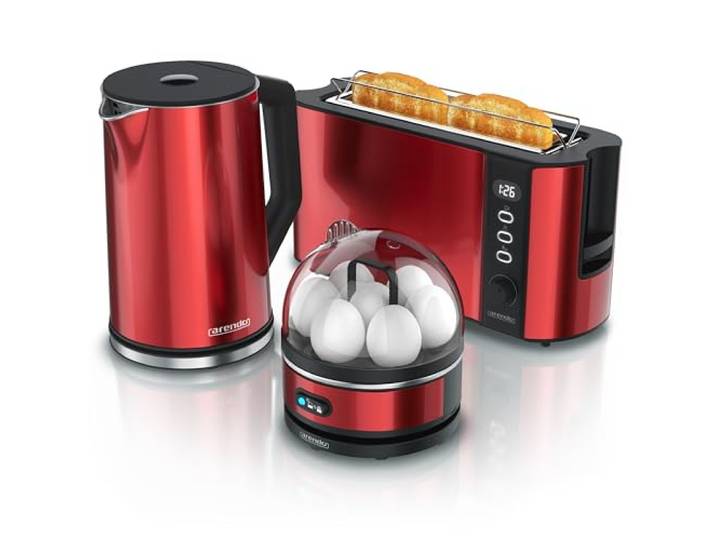 Arendo - Wasserkocher Toaster Eierkocher Set - Edelstahl Wasserkocher mit Temperatureinstellung - Toaster 2 Scheiben Langschlitz - Eierkocher 1-7 Eier - Küchenset in Rot