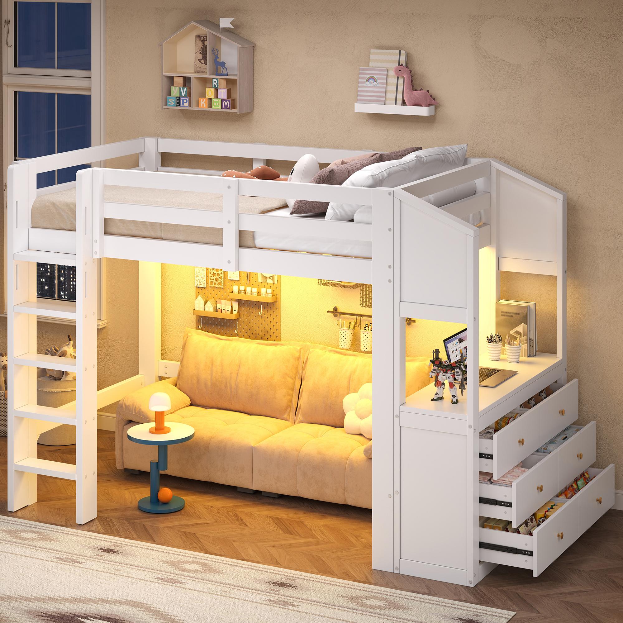 Hochbett 90x200 cm mit 3 Schubladen, Regalen & LED-Beleuchtung, App-/Bluetooth-Steuerung, 15 Latten, Kiefernholz + MDF, Weiß