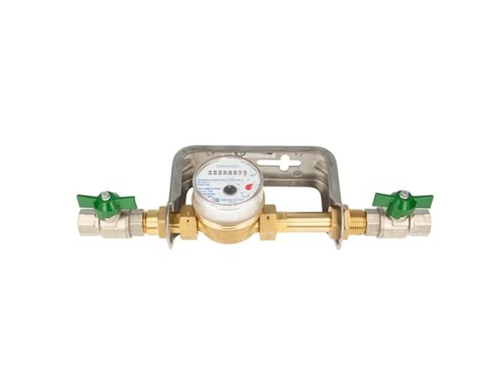 Einstrahlzähler ETK Kombi-Set (Kaltwasser) bis 30 Grad Länge 80 mm, inkl. Bügel Edelstahl und Kugelhähne 1/2 Zoll