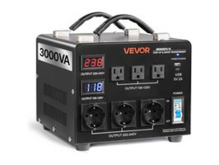 VEVOR Spannungswandler-Transformator, 3000 VA, Aufwärts-/Abwärtstransformator, 110 V auf 220 V & 220 V auf 110 V, mit 3 US-Steckdosen, 3 EU-Steckdosen, LCD-Display, Schutzschalter