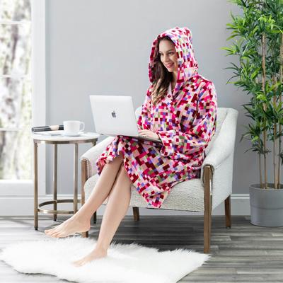 SALBAKOS Classic Turkish Towels Multicolor Square Printed Hooded Velour with Terry Lining SPA Bath Robe