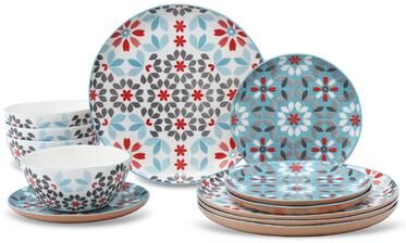 Lorren Home Trends Floral Bone China Dinnerware Set, 12 Piece Service for 4, Blue Red Gray Pattern