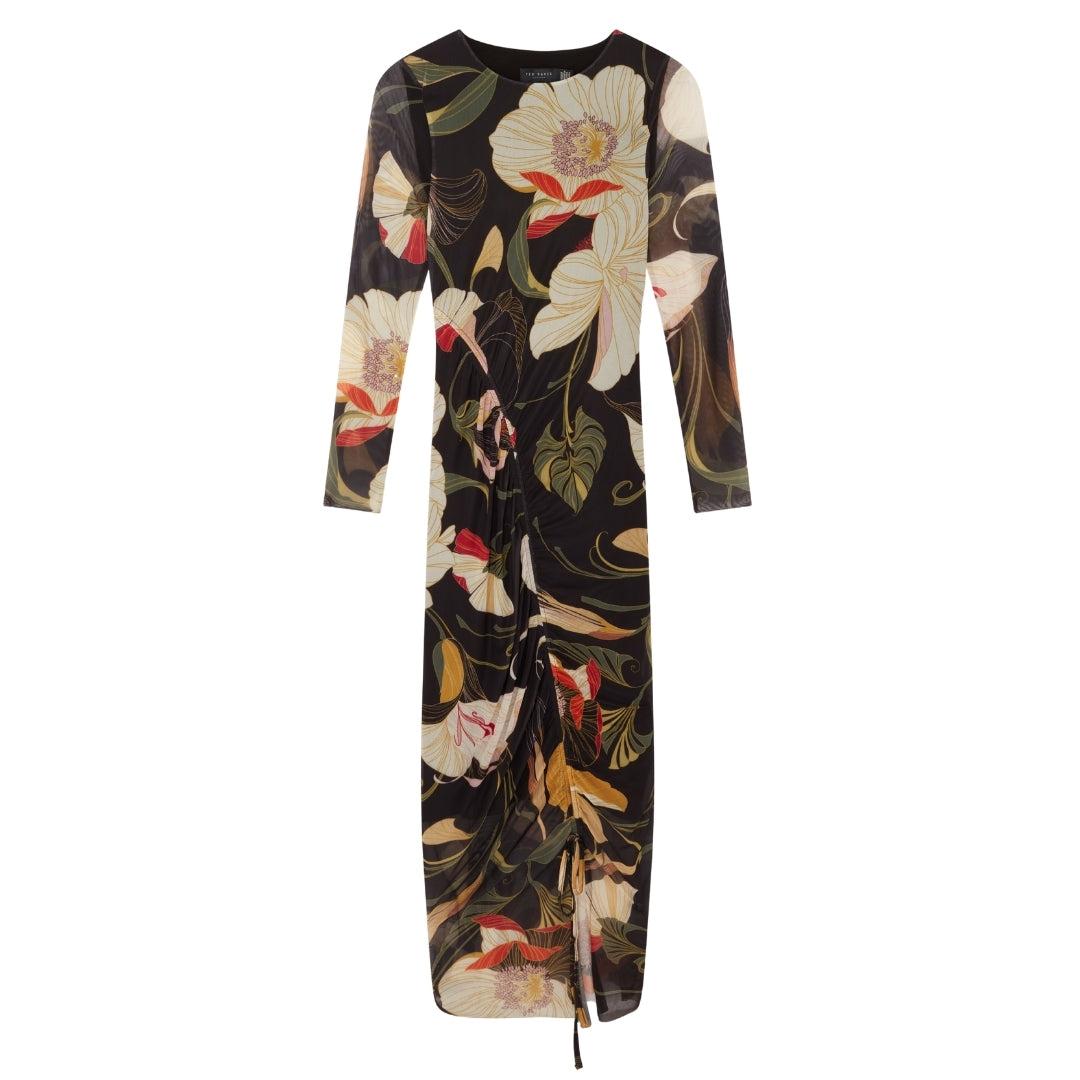Ted Baker Bedrucktes, Figurbetontes Midikleid Aus Mesh Mit Raffungen