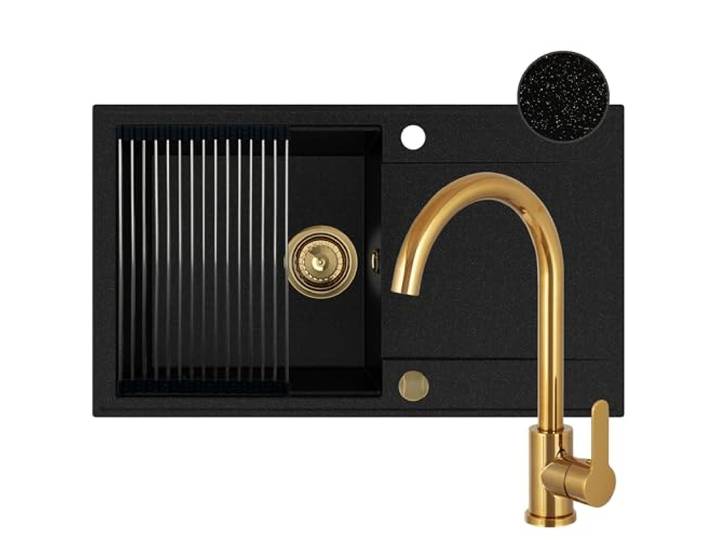 SINK QUALITY Spülbecken mit Armatur Set schwarz mit goldenen Flecken 78x46 cm - Spüle mit wasserhahn, goldenen Siphon, Abtropfgestell, Imprägniermittel - Küchenspüle Komplettset für 60er Unterschrank