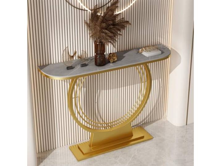 Weiwehome Moderner Konsolentisch, Sinterstein Flurtisch mit Metallgestell Sintersteinplatte, Stabiler Metallrahmen, Moderner Flurtisch, Kompaktes Design(Gold-D,47.2in)