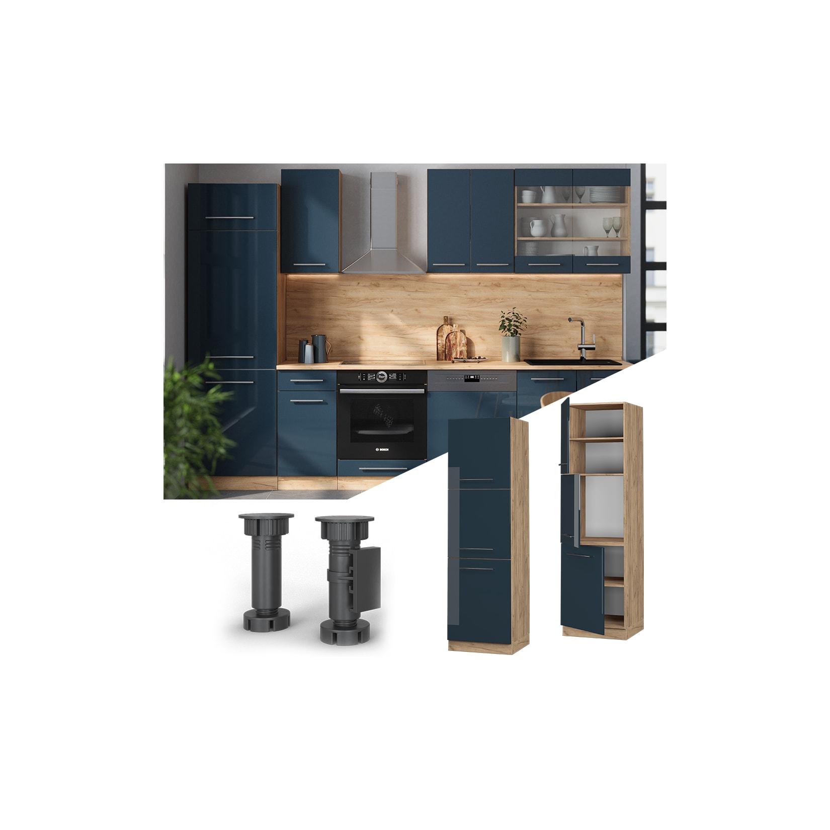 Vicco Herdschrank Fame-Line Eiche Dunkelblau Hochglanz 60 cm 3 Türen