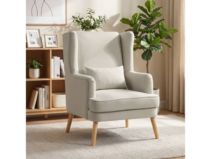 HOMCOM Fauteuil Accent Lin Beige Dossier Haut Assise Large